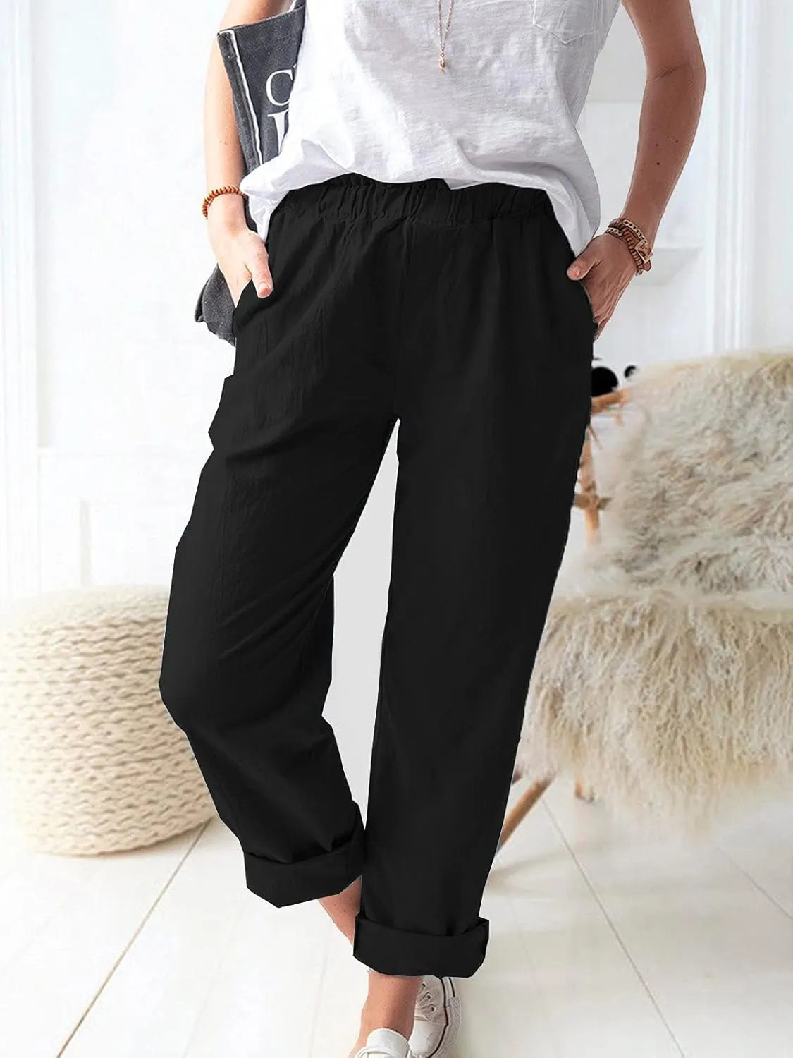 Women's Straight Pants Elastic Waist Casual Trousers Pants with Pockets