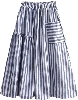 Women's Stripe Print Pleated A-Line Pocket Midi Skirt