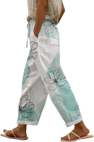 Women's Summer Boho Floral Casual Linen Pants Elastic High Waisted Wide Leg Beach Trousers with Pockets Plus Size