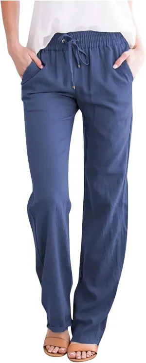 Womens Summer Casual Drawstring Pants Straight Leg Elastic Waist Regular Fit Loose Comfy Lounge Trousers with Pockets