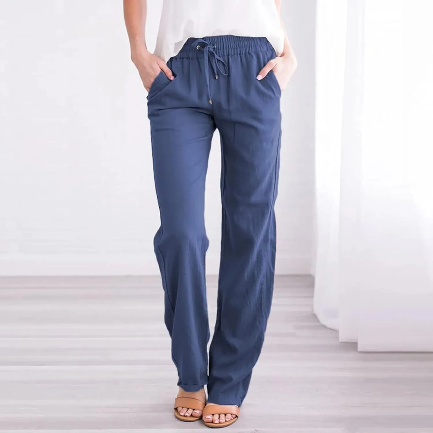 Womens Summer Casual Drawstring Pants Straight Leg Elastic Waist Regular Fit Loose Comfy Lounge Trousers with Pockets