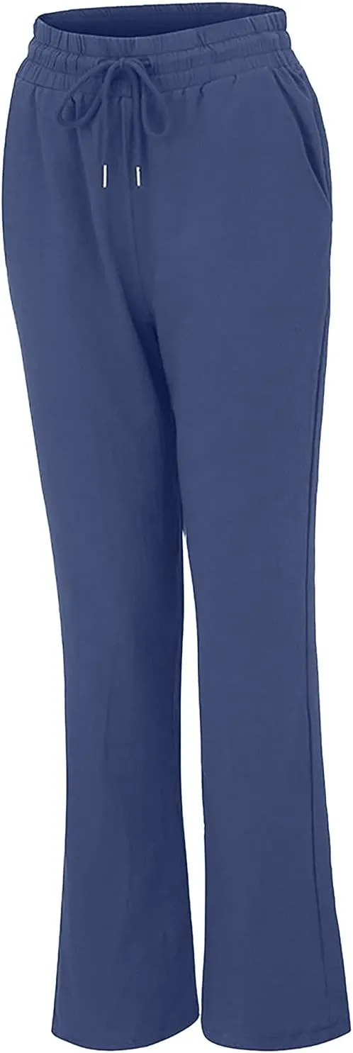 Womens Summer Casual Drawstring Pants Straight Leg Elastic Waist Regular Fit Loose Comfy Lounge Trousers with Pockets