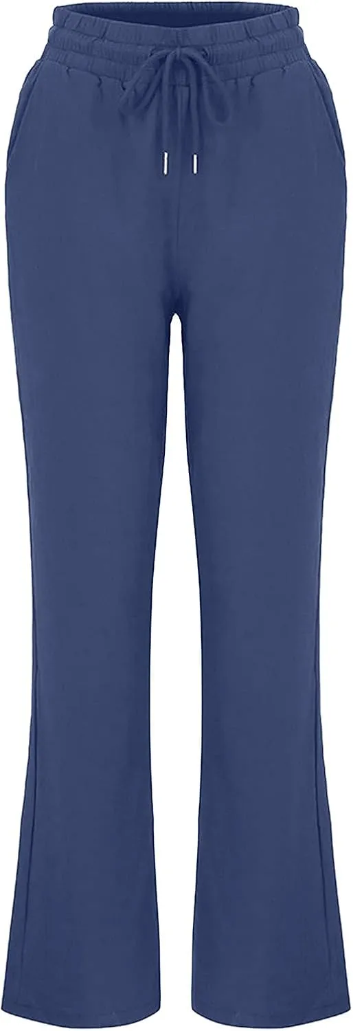 Womens Summer Casual Drawstring Pants Straight Leg Elastic Waist Regular Fit Loose Comfy Lounge Trousers with Pockets