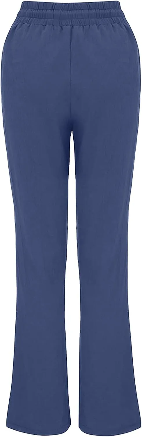 Womens Summer Casual Drawstring Pants Straight Leg Elastic Waist Regular Fit Loose Comfy Lounge Trousers with Pockets