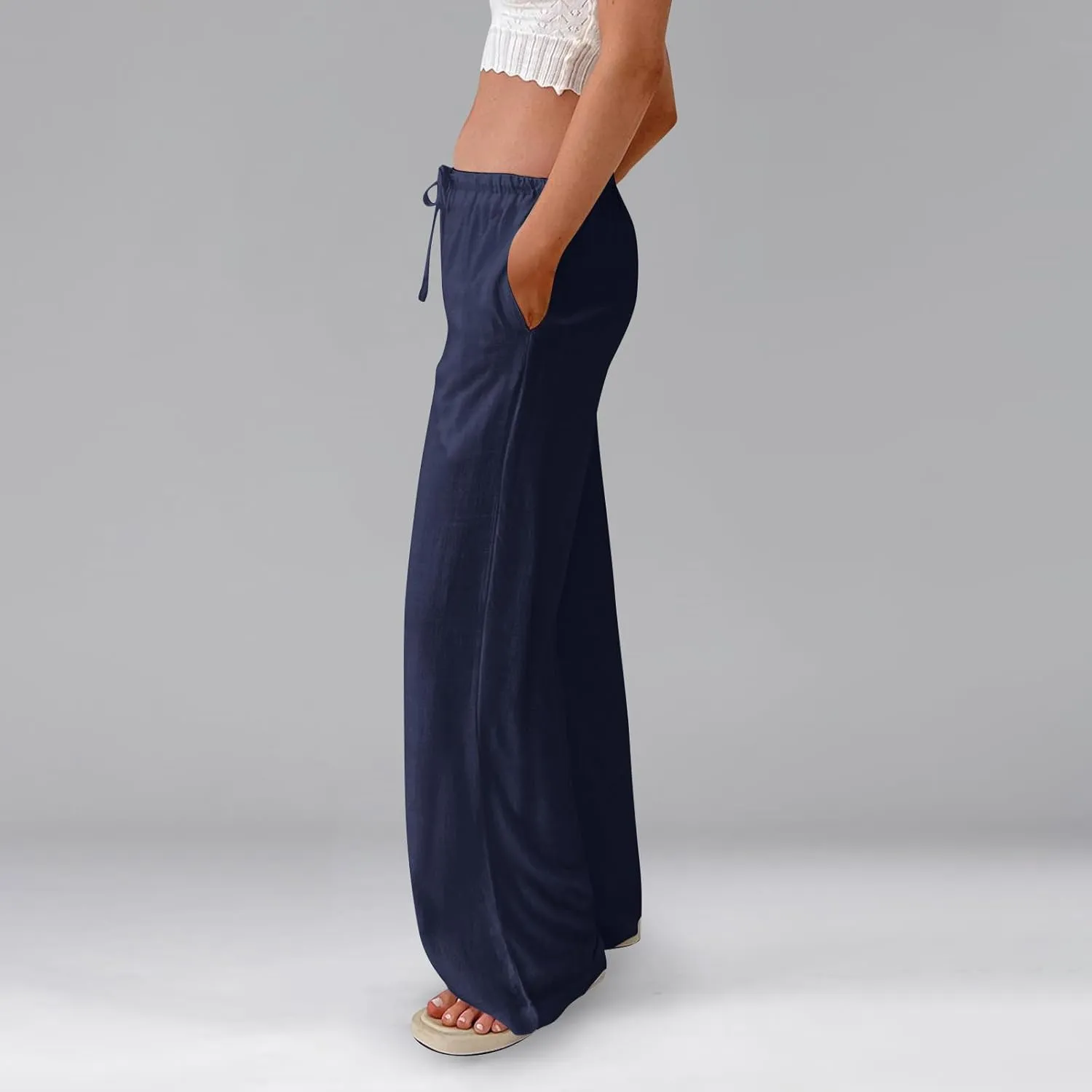 Womens Summer Casual Pant Cotton Linen Button 2025 Flowy Pants & Palazzo Straight High Rise Solid Baggy Clothes Pocket