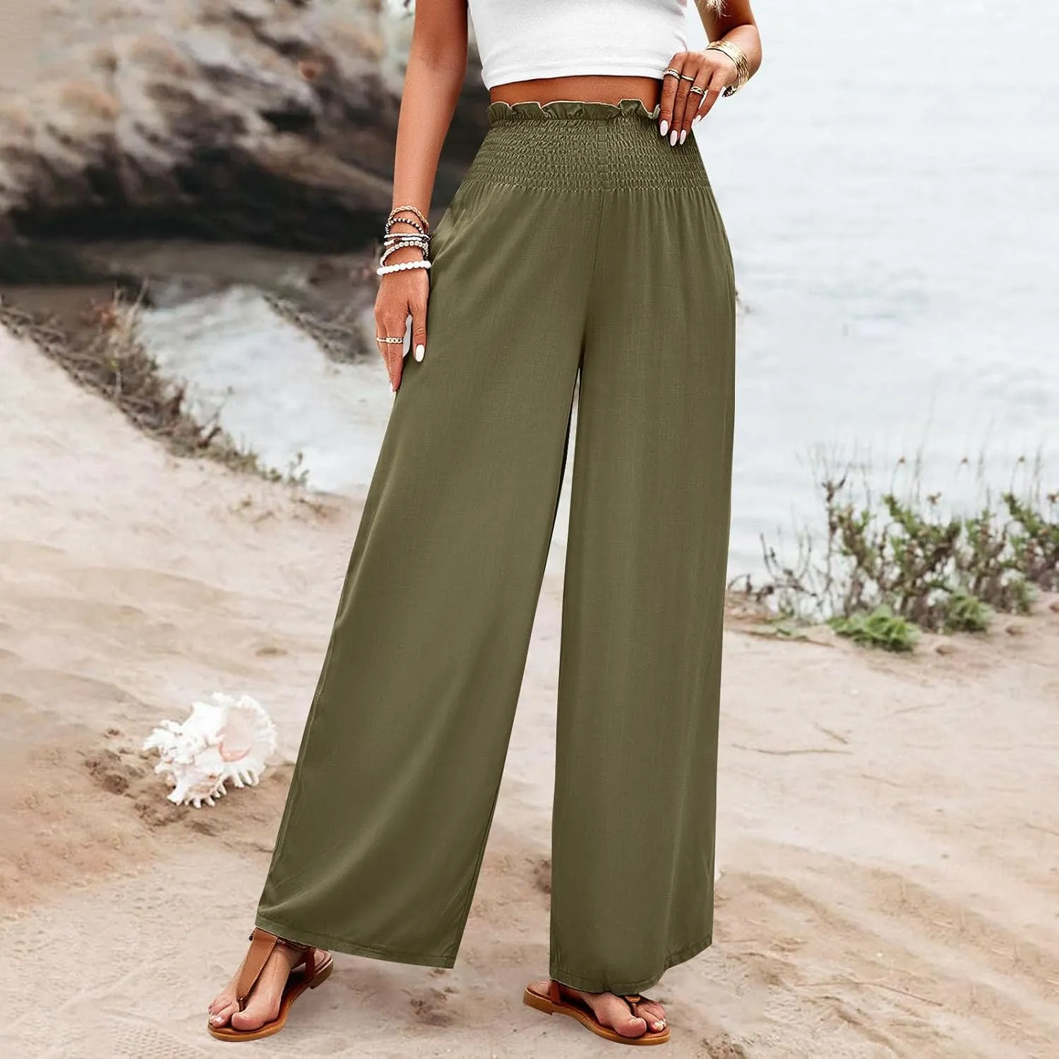 Womens Summer Casual Pant Cotton Linen Button 2025 Flowy Pants & Palazzo Straight High Rise Solid Baggy Clothes Pocket