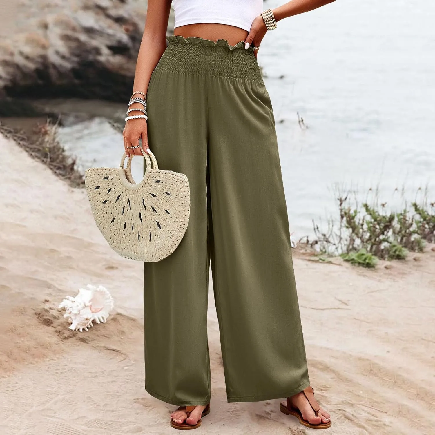 Womens Summer Casual Pant Cotton Linen Button 2025 Flowy Pants & Palazzo Straight High Rise Solid Baggy Clothes Pocket