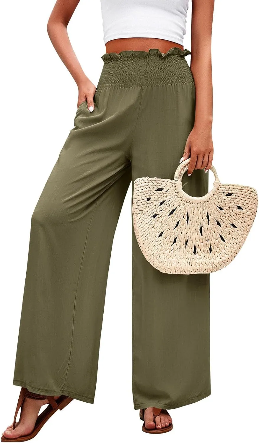Womens Summer Casual Pant Cotton Linen Button 2025 Flowy Pants & Palazzo Straight High Rise Solid Baggy Clothes Pocket