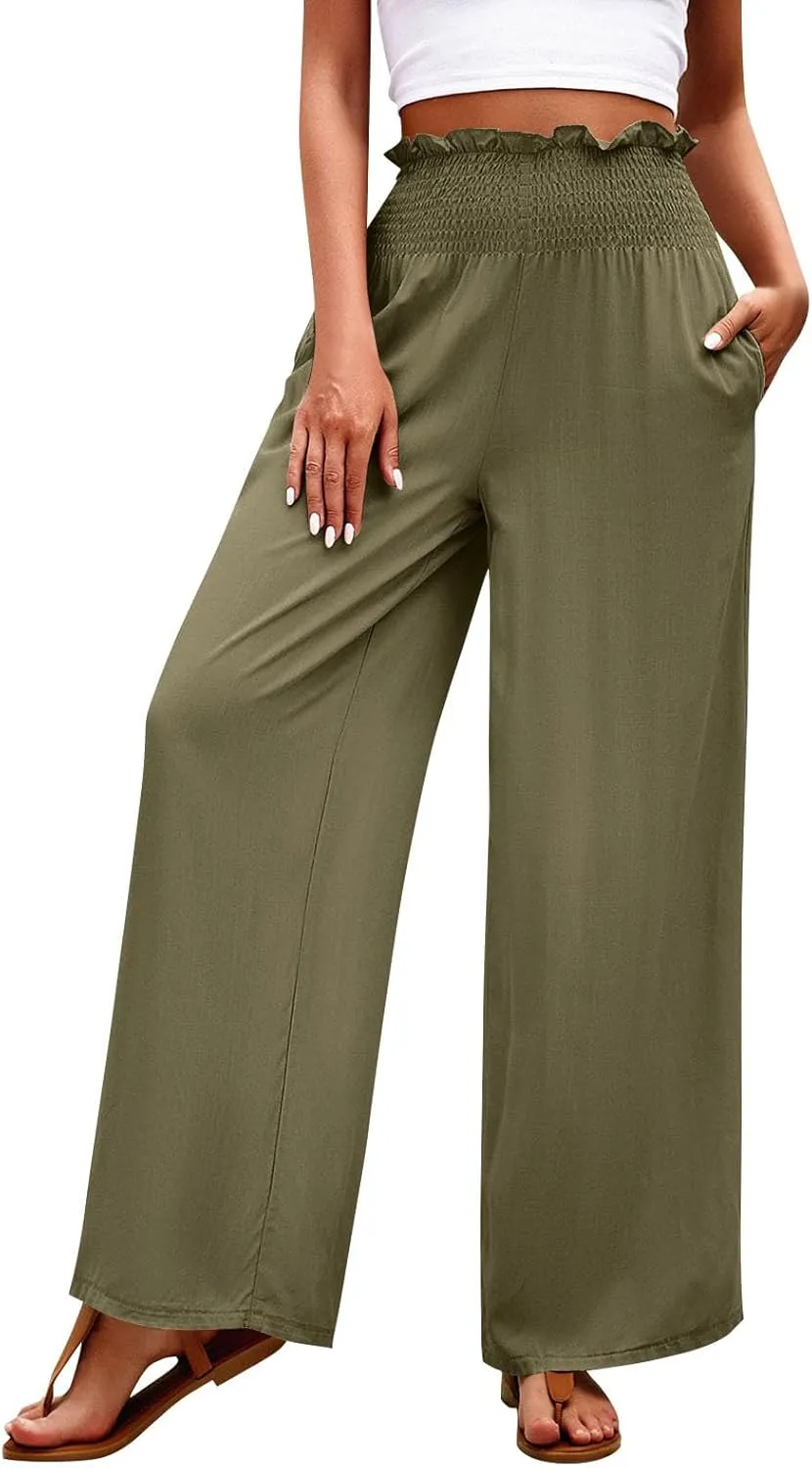 Womens Summer Casual Pant Cotton Linen Button 2025 Flowy Pants & Palazzo Straight High Rise Solid Baggy Clothes Pocket