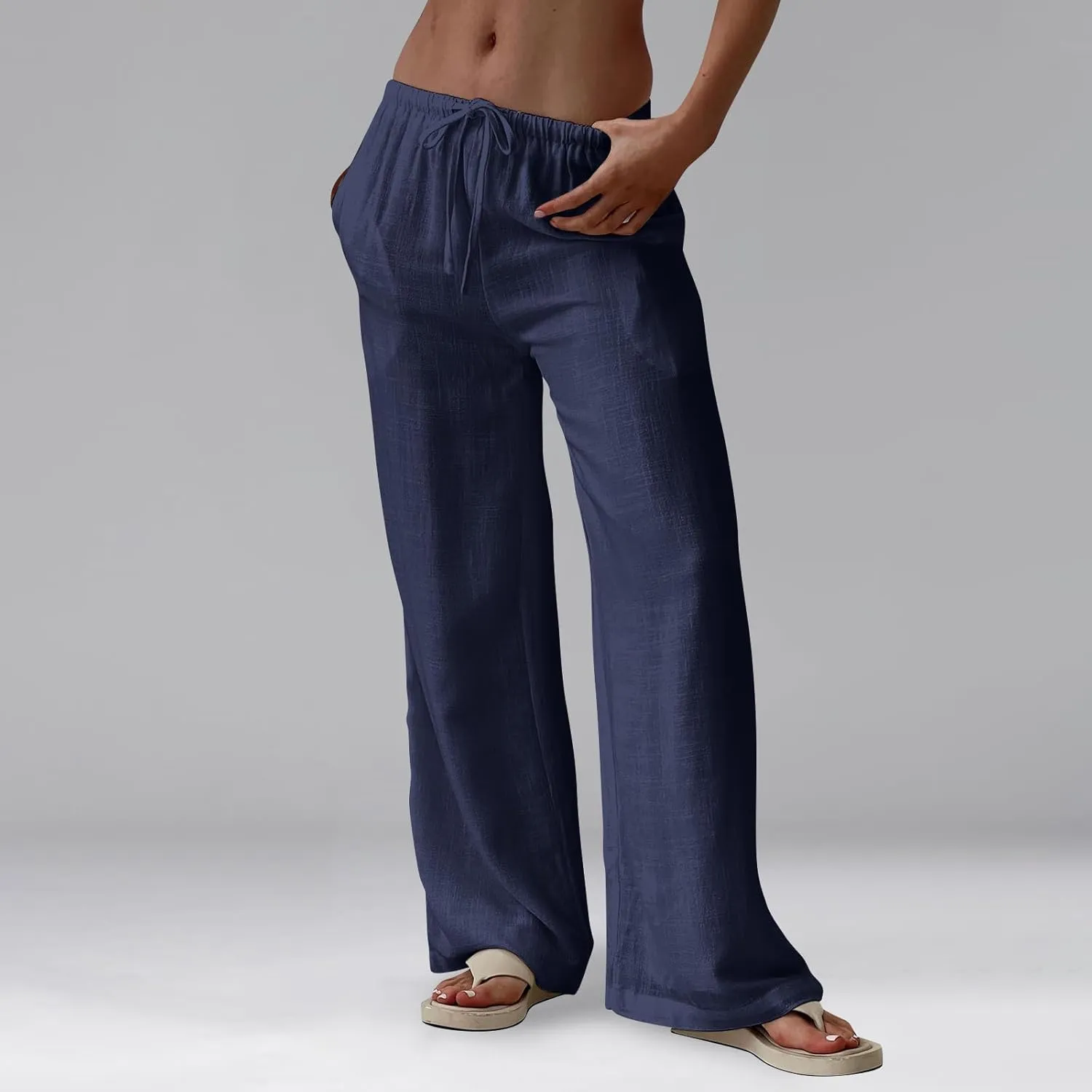Womens Summer Casual Pant Cotton Linen Button 2025 Flowy Pants & Palazzo Straight High Rise Solid Baggy Clothes Pocket