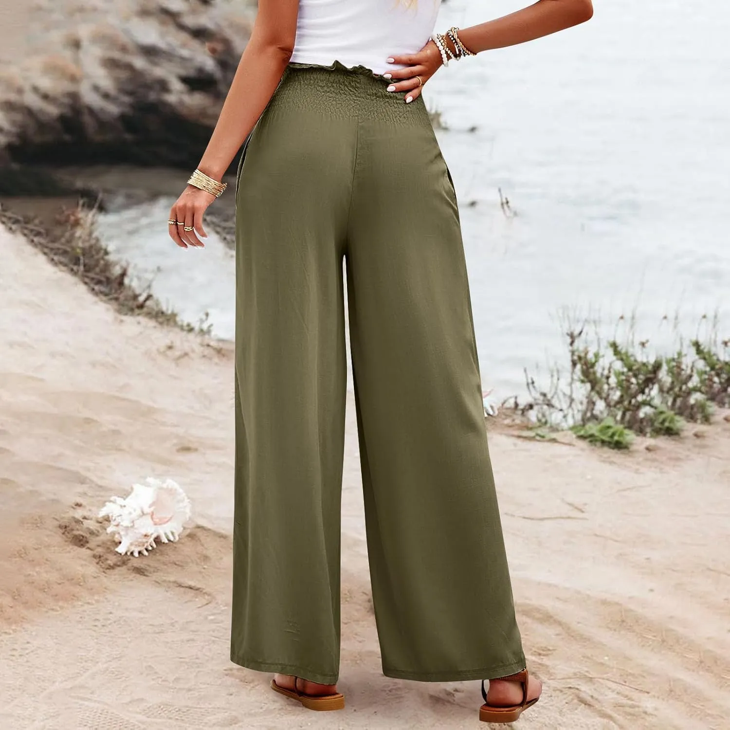 Womens Summer Casual Pant Cotton Linen Button 2025 Flowy Pants & Palazzo Straight High Rise Solid Baggy Clothes Pocket