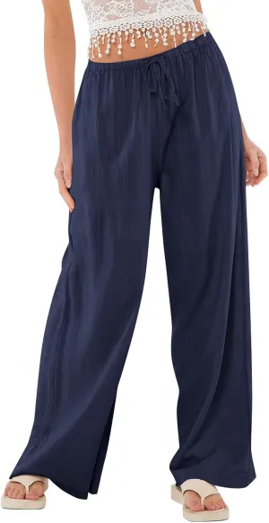 Womens Summer Casual Pant Cotton Linen Button 2025 Flowy Pants & Palazzo Straight High Rise Solid Baggy Clothes Pocket
