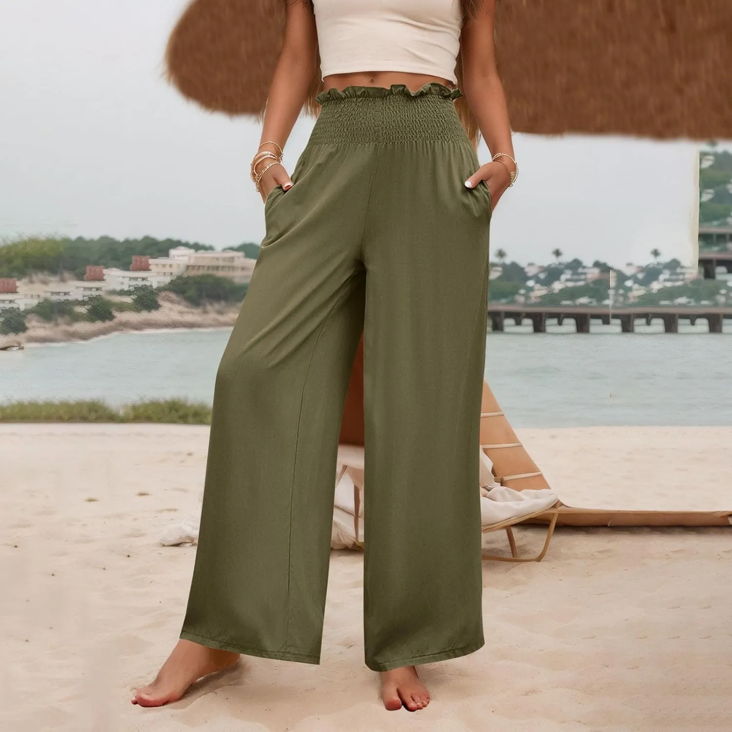 Womens Summer Casual Pant Cotton Linen Button 2025 Flowy Pants & Palazzo Straight High Rise Solid Baggy Clothes Pocket