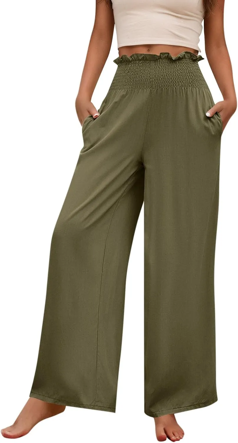 Womens Summer Casual Pant Cotton Linen Button 2025 Flowy Pants & Palazzo Straight High Rise Solid Baggy Clothes Pocket