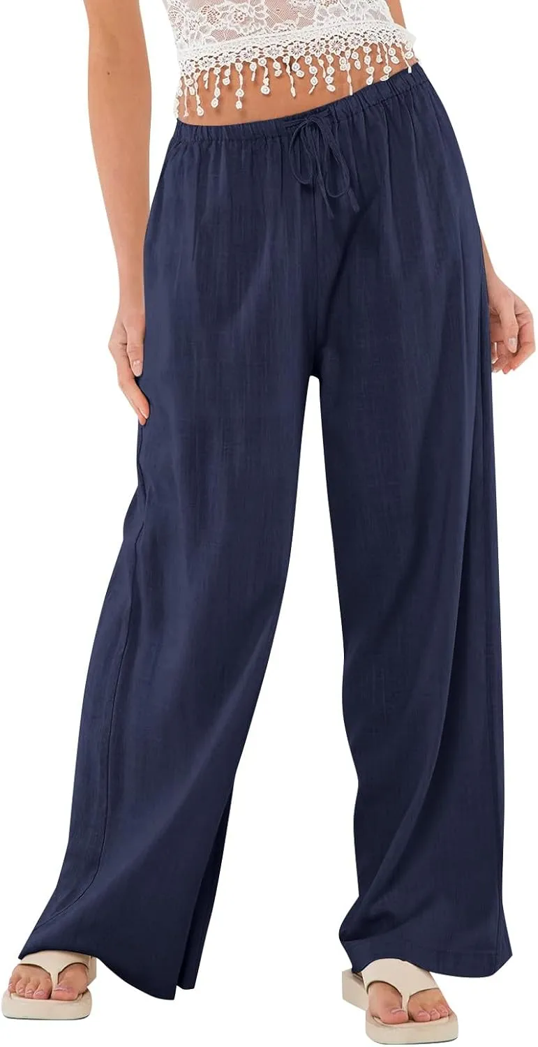 Womens Summer Casual Pant Cotton Linen Button 2025 Flowy Pants & Palazzo Straight High Rise Solid Baggy Clothes Pocket
