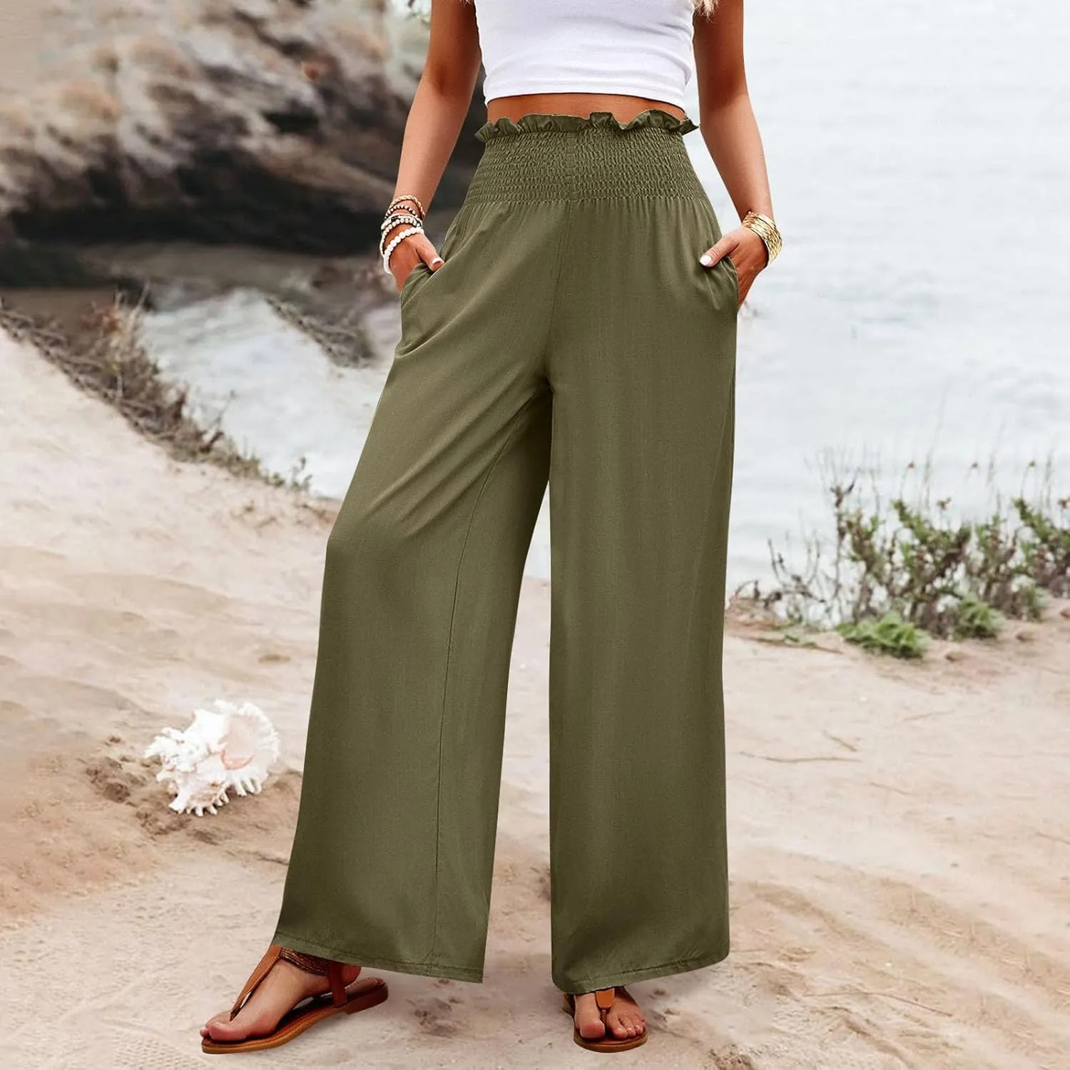 Womens Summer Casual Pant Cotton Linen Button 2025 Flowy Pants & Palazzo Straight High Rise Solid Baggy Clothes Pocket