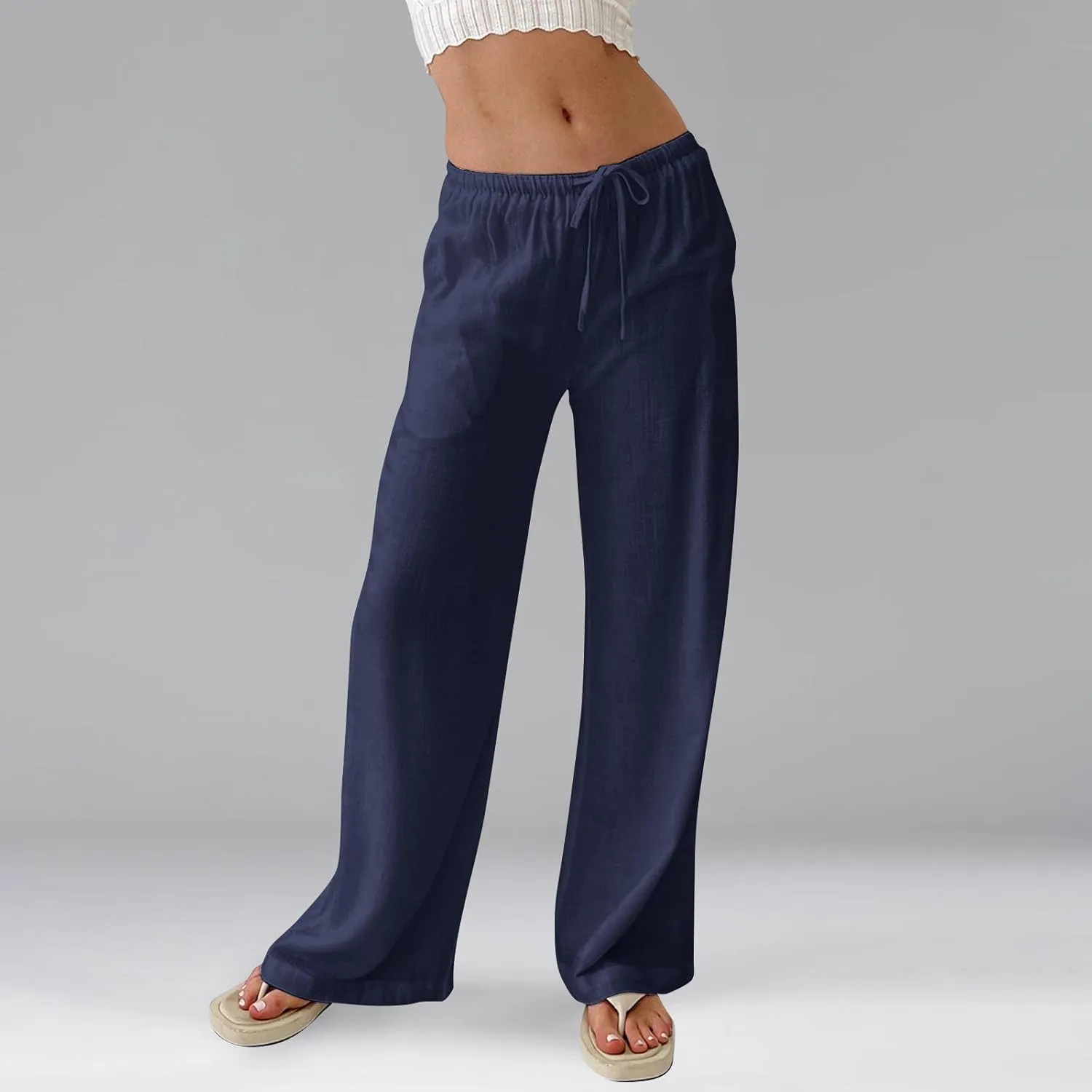 Womens Summer Casual Pant Cotton Linen Button 2025 Flowy Pants & Palazzo Straight High Rise Solid Baggy Clothes Pocket