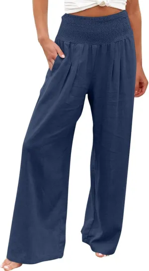 Womens Summer Casual Wide Leg Palazzo Pants Smocked High Waist Loose Lounge Comfy Trousers