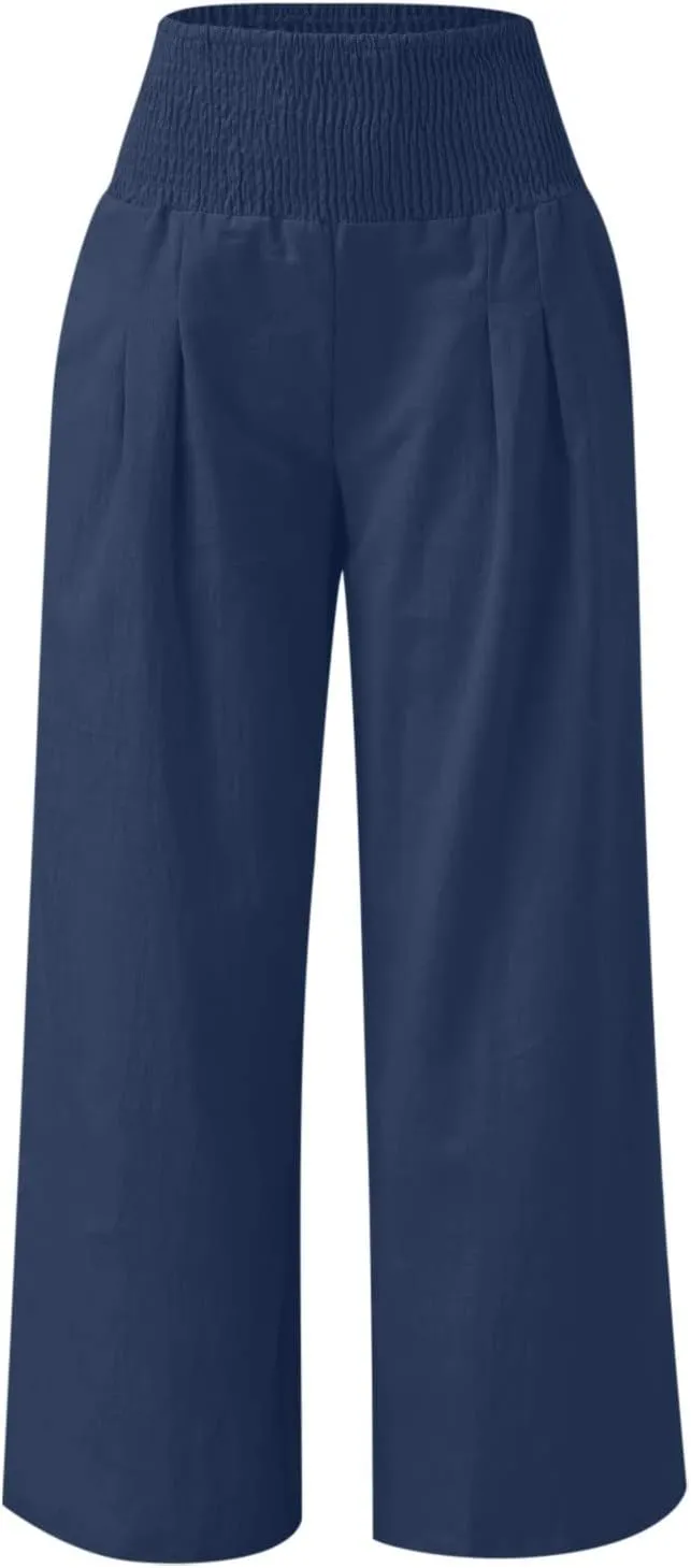 Womens Summer Casual Wide Leg Palazzo Pants Smocked High Waist Loose Lounge Comfy Trousers
