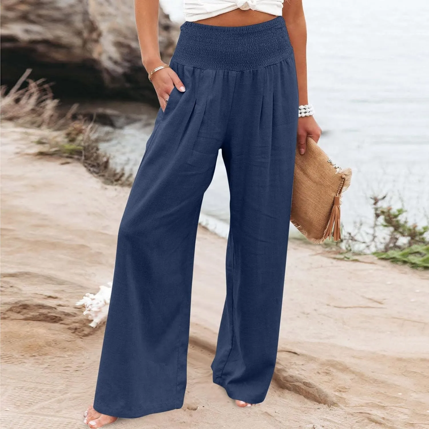 Womens Summer Casual Wide Leg Palazzo Pants Smocked High Waist Loose Lounge Comfy Trousers