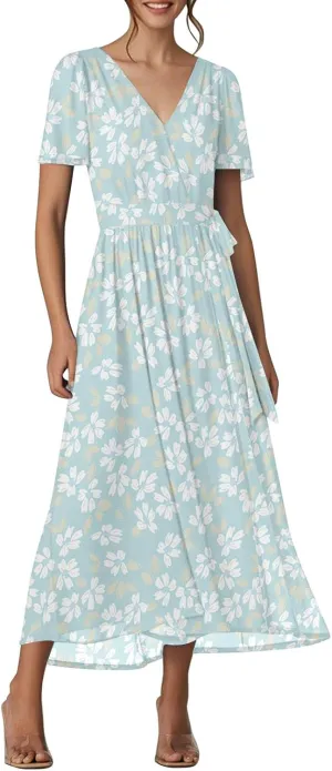Womens Summer Floral Maxi Dress Casual Chiffon V Neck Short Sleeve Flowy Beach Wedding Guest Trendy Long Dresses