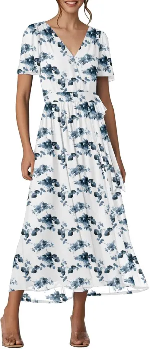 Womens Summer Floral Maxi Dress Casual Chiffon V Neck Short Sleeve Flowy Beach Wedding Guest Trendy Long Dresses
