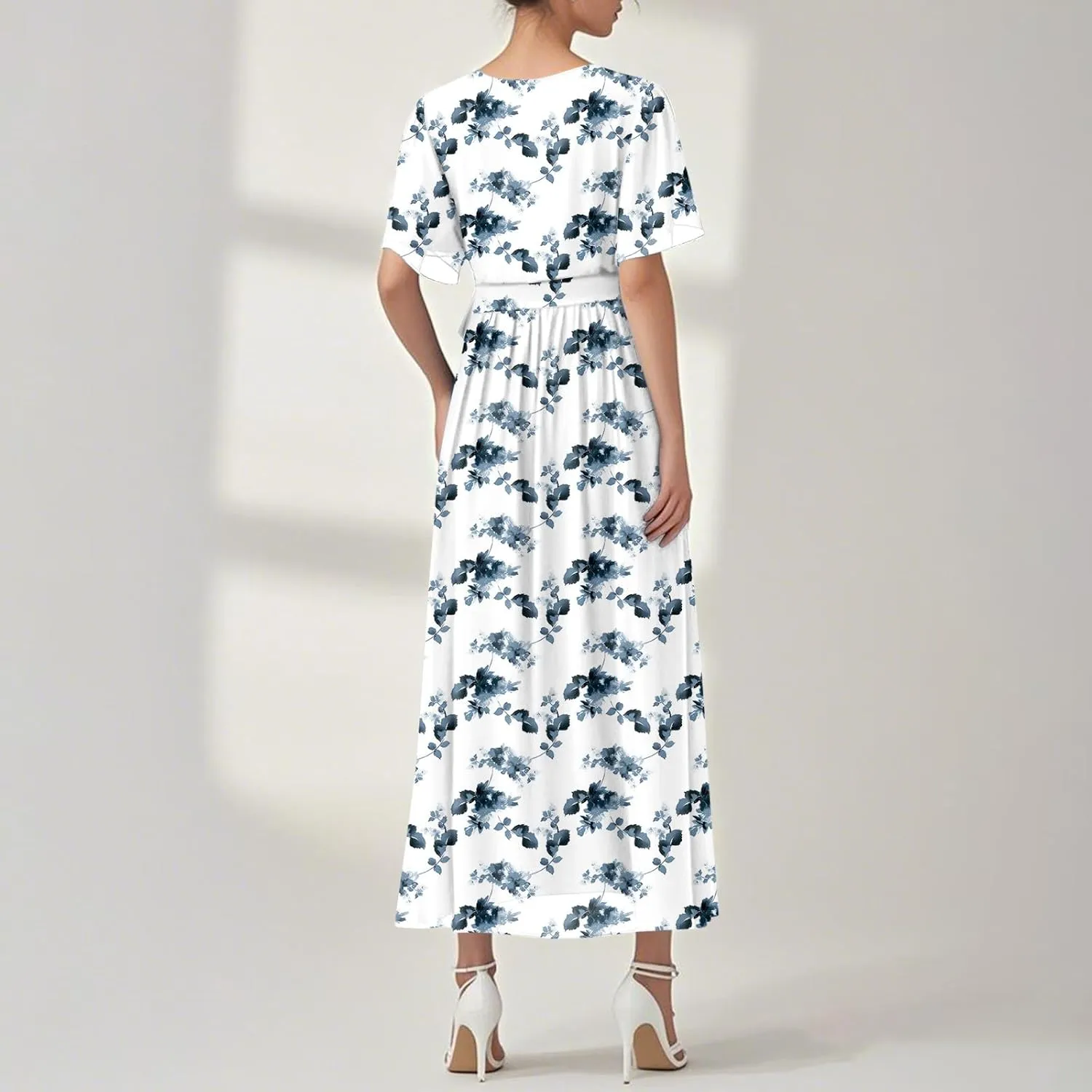 Womens Summer Floral Maxi Dress Casual Chiffon V Neck Short Sleeve Flowy Beach Wedding Guest Trendy Long Dresses