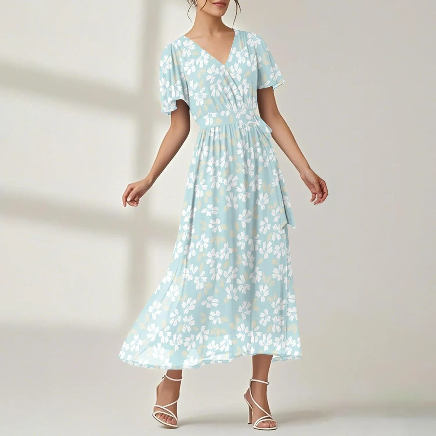 Womens Summer Floral Maxi Dress Casual Chiffon V Neck Short Sleeve Flowy Beach Wedding Guest Trendy Long Dresses