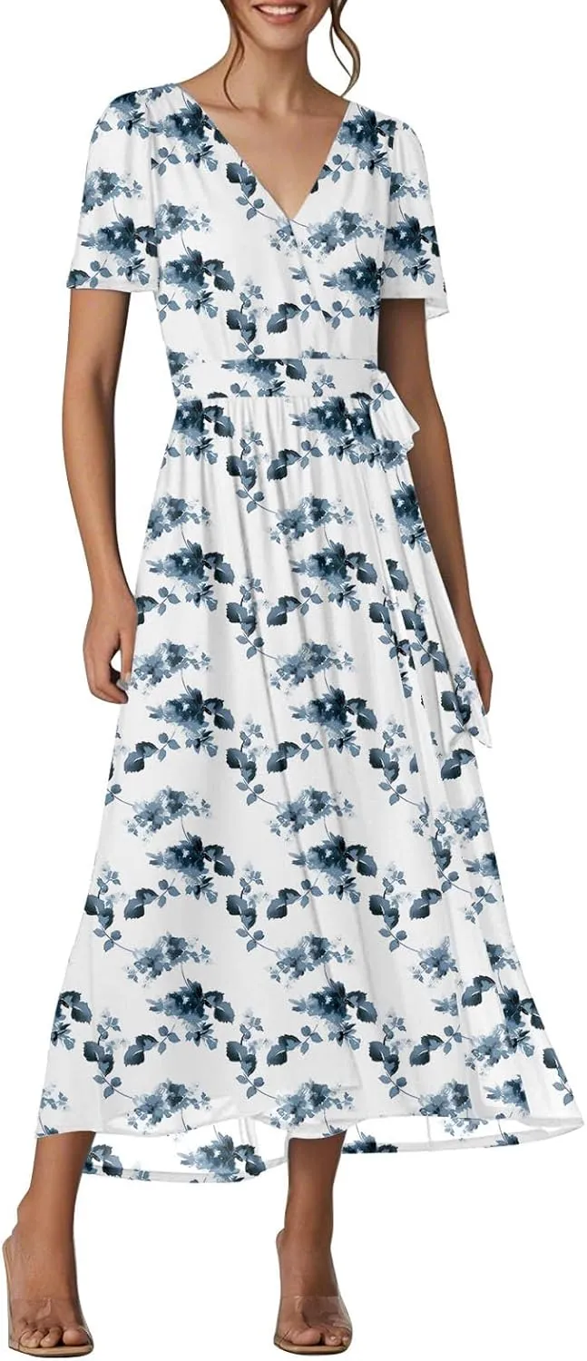 Womens Summer Floral Maxi Dress Casual Chiffon V Neck Short Sleeve Flowy Beach Wedding Guest Trendy Long Dresses