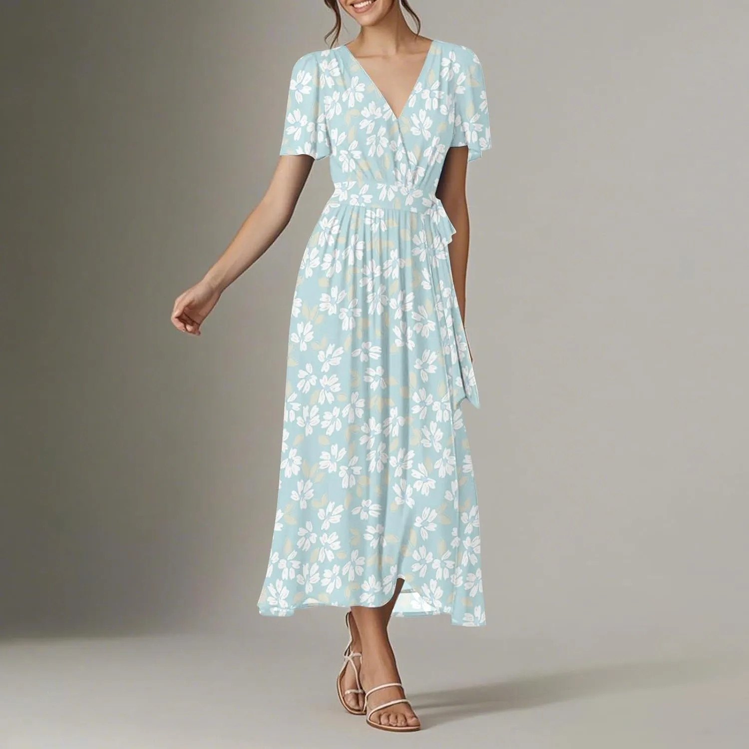 Womens Summer Floral Maxi Dress Casual Chiffon V Neck Short Sleeve Flowy Beach Wedding Guest Trendy Long Dresses