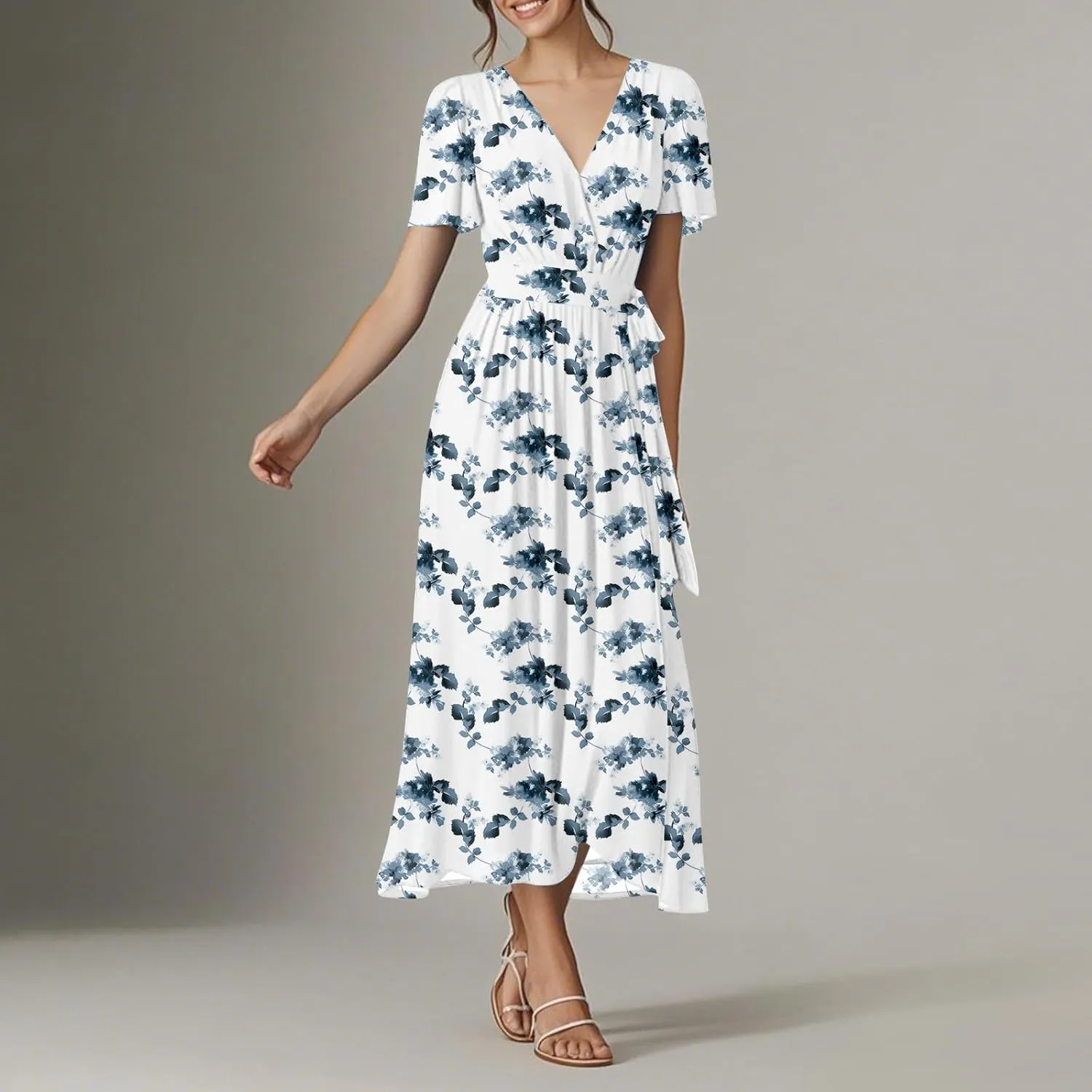 Womens Summer Floral Maxi Dress Casual Chiffon V Neck Short Sleeve Flowy Beach Wedding Guest Trendy Long Dresses
