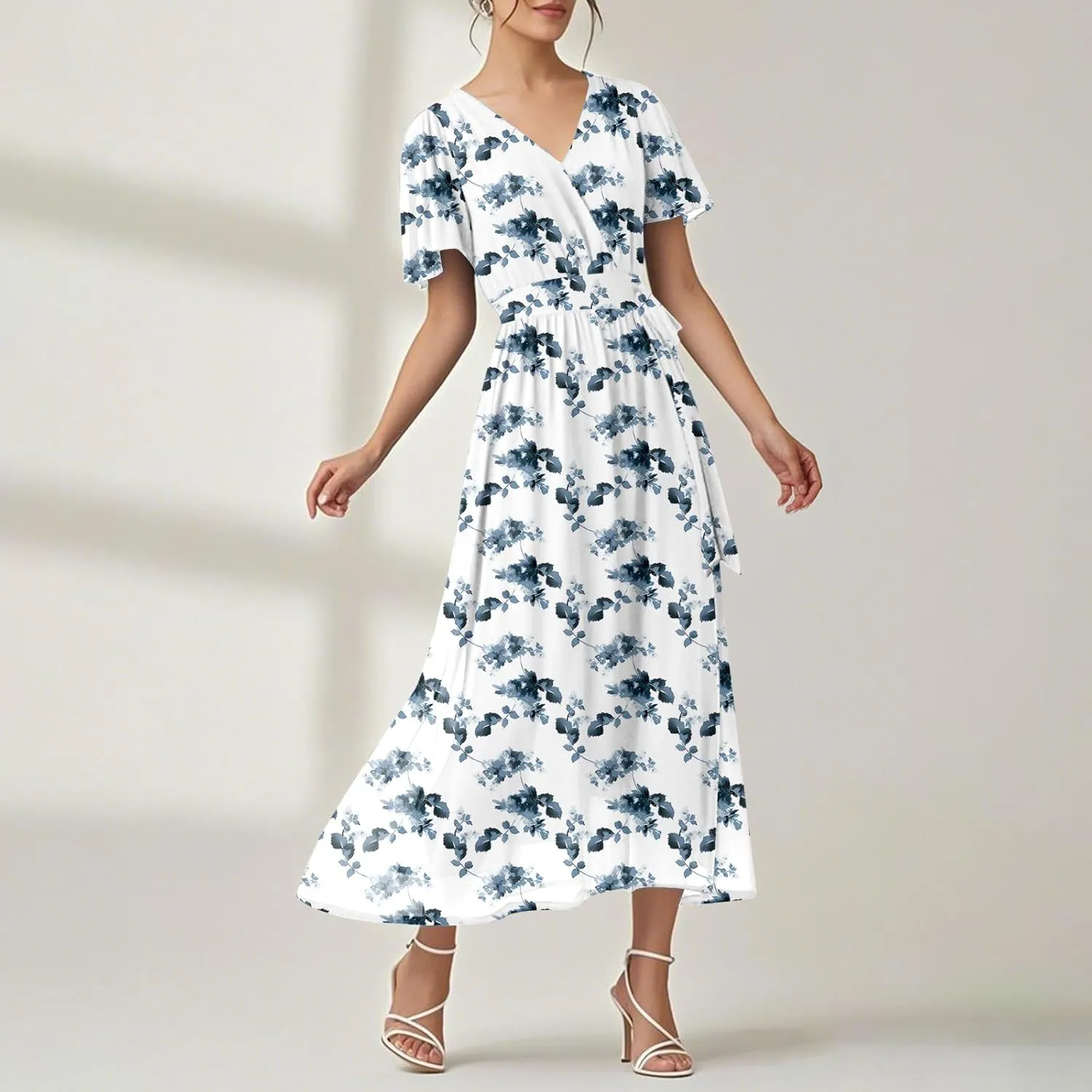 Womens Summer Floral Maxi Dress Casual Chiffon V Neck Short Sleeve Flowy Beach Wedding Guest Trendy Long Dresses