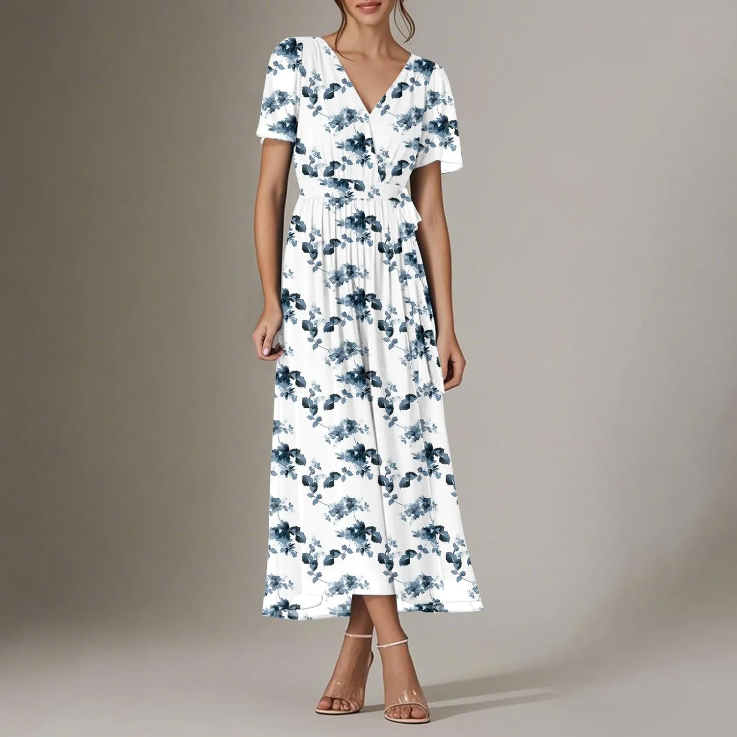 Womens Summer Floral Maxi Dress Casual Chiffon V Neck Short Sleeve Flowy Beach Wedding Guest Trendy Long Dresses