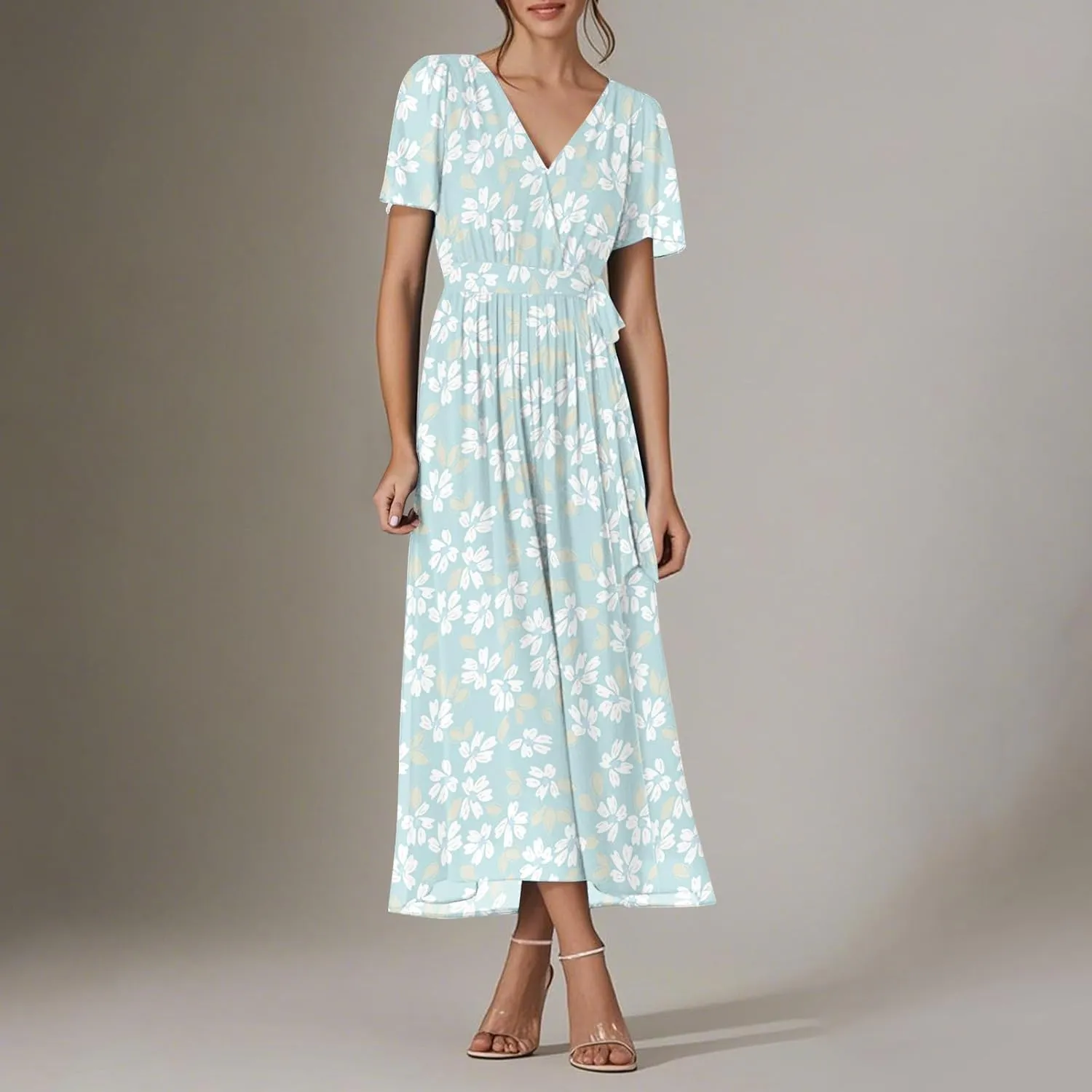 Womens Summer Floral Maxi Dress Casual Chiffon V Neck Short Sleeve Flowy Beach Wedding Guest Trendy Long Dresses