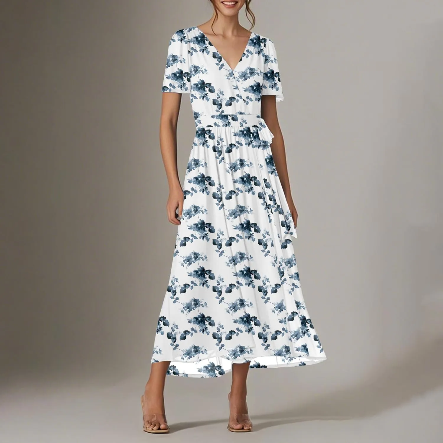 Womens Summer Floral Maxi Dress Casual Chiffon V Neck Short Sleeve Flowy Beach Wedding Guest Trendy Long Dresses