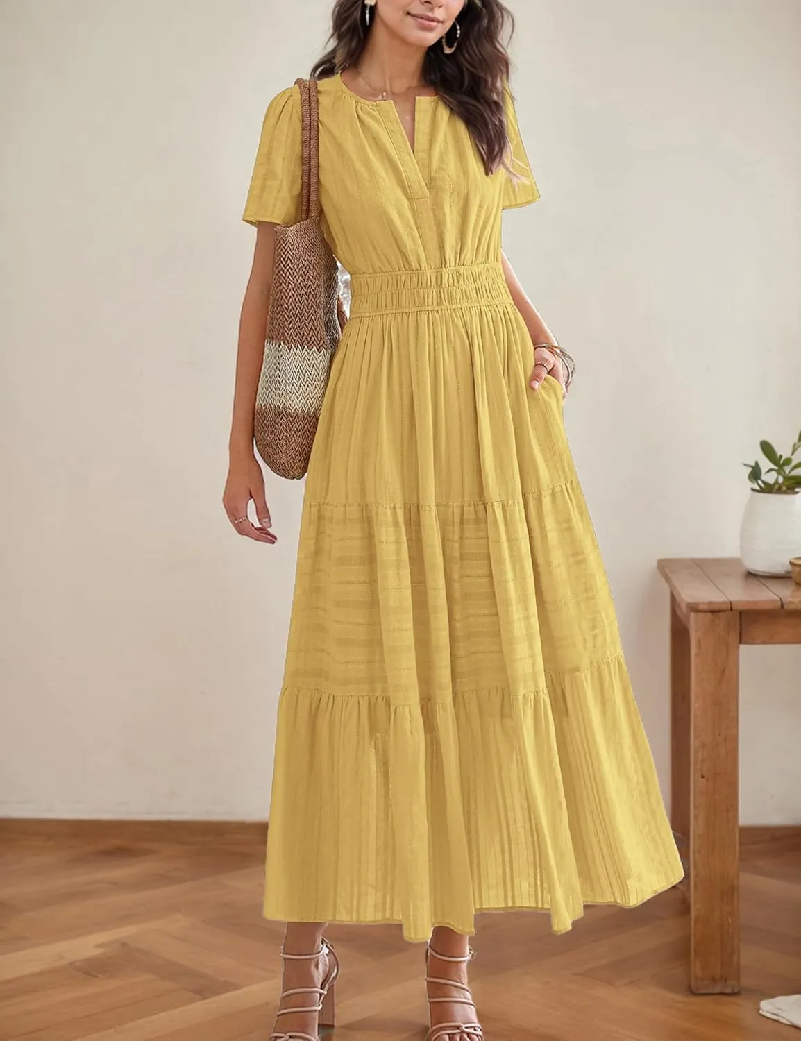 Womens Summer Midi Maxi Dresses Casual V Neck Short Sleeve Flowy A Line Boho Beach Dress with Pockets