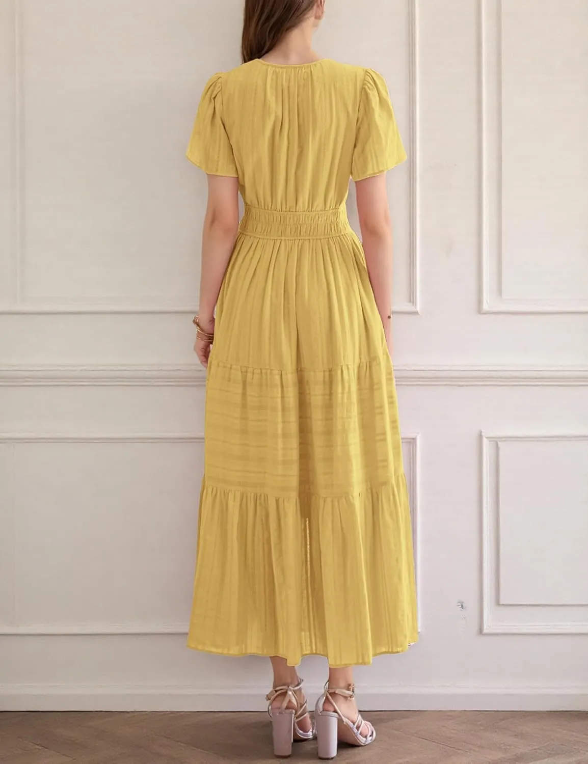 Womens Summer Midi Maxi Dresses Casual V Neck Short Sleeve Flowy A Line Boho Beach Dress with Pockets