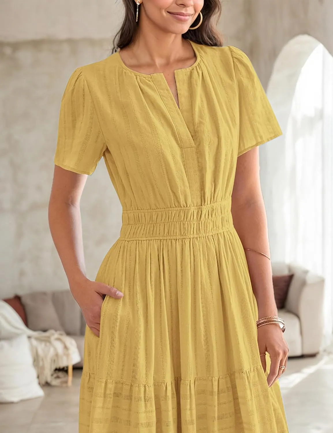 Womens Summer Midi Maxi Dresses Casual V Neck Short Sleeve Flowy A Line Boho Beach Dress with Pockets