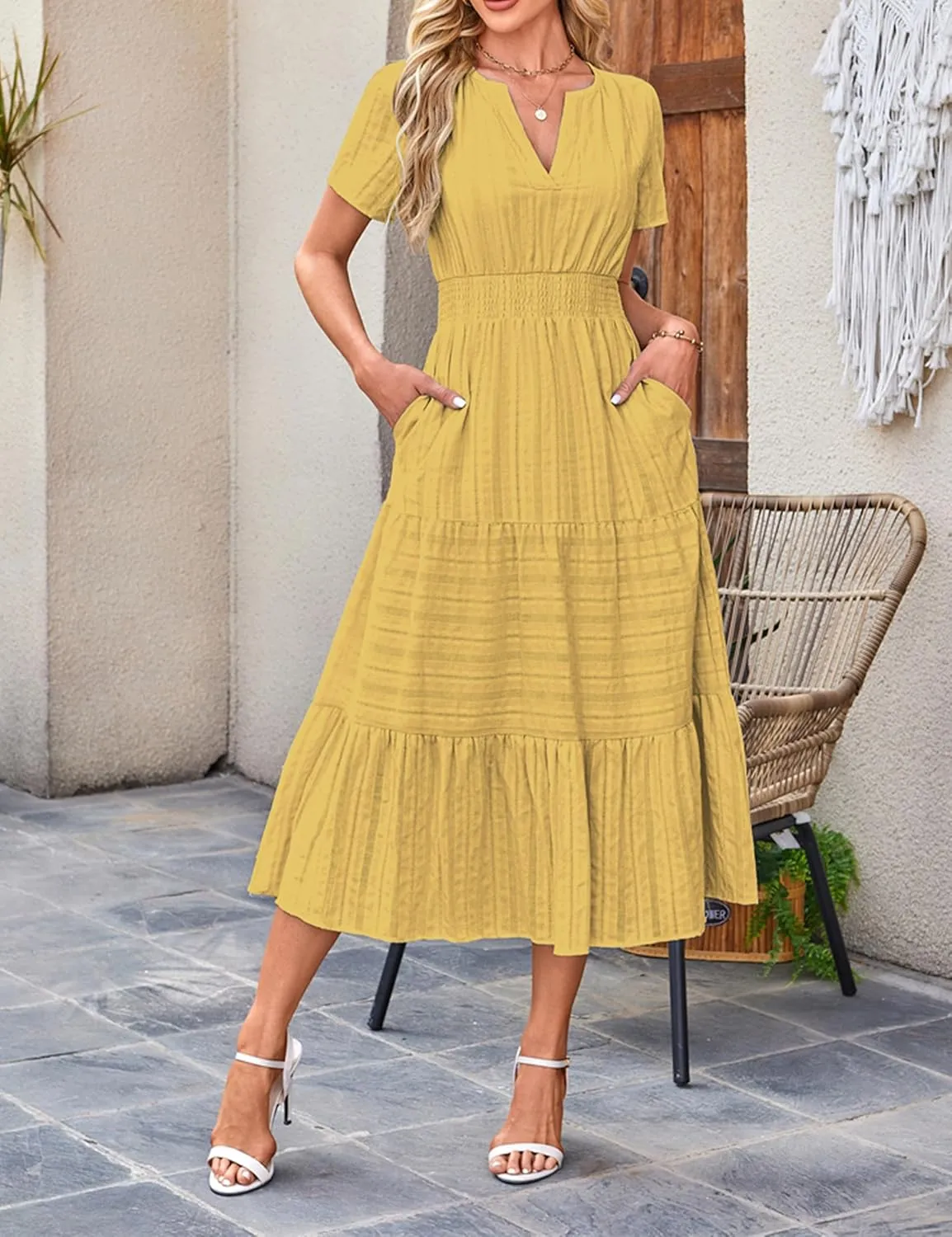 Womens Summer Midi Maxi Dresses Casual V Neck Short Sleeve Flowy A Line Boho Beach Dress with Pockets