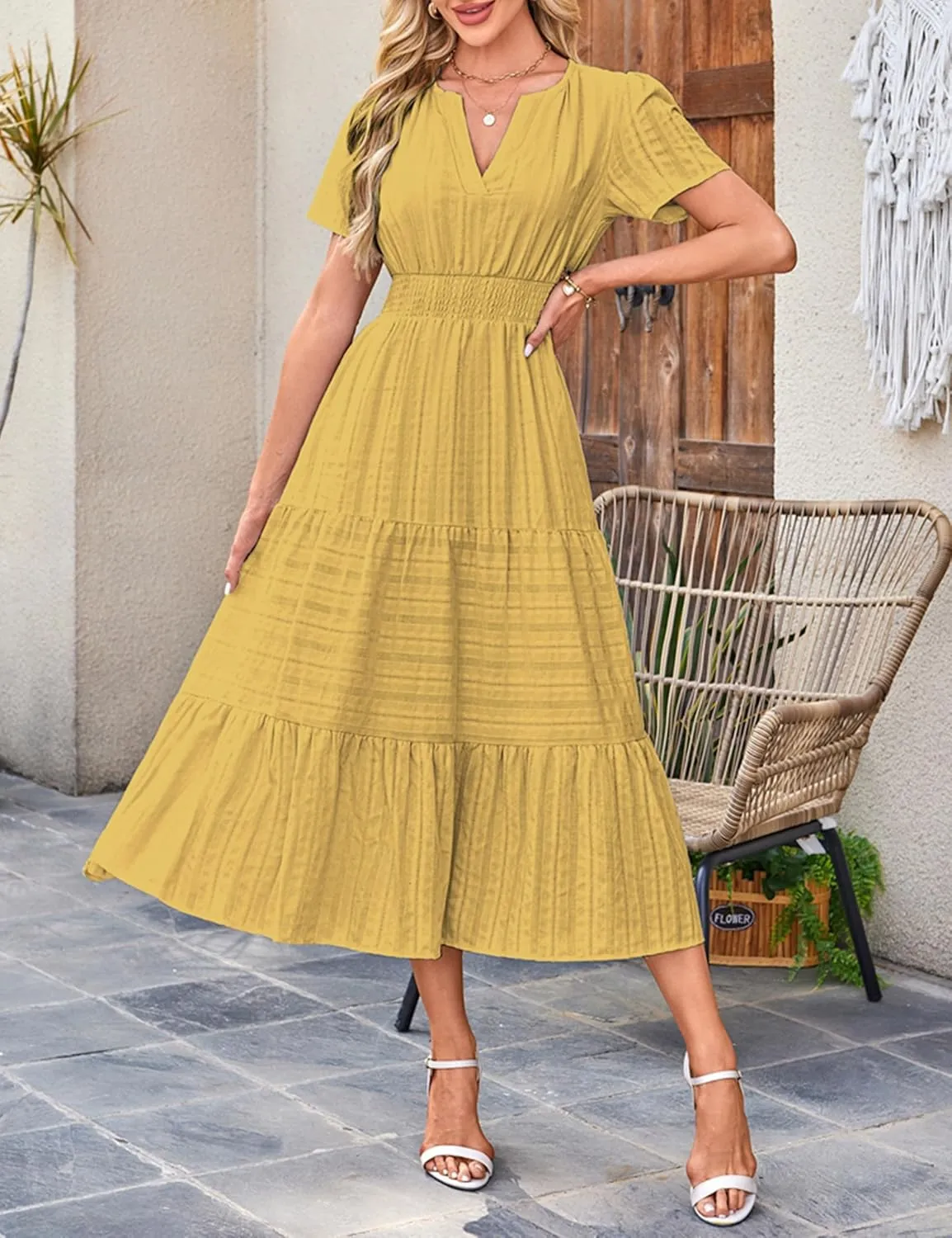 Womens Summer Midi Maxi Dresses Casual V Neck Short Sleeve Flowy A Line Boho Beach Dress with Pockets