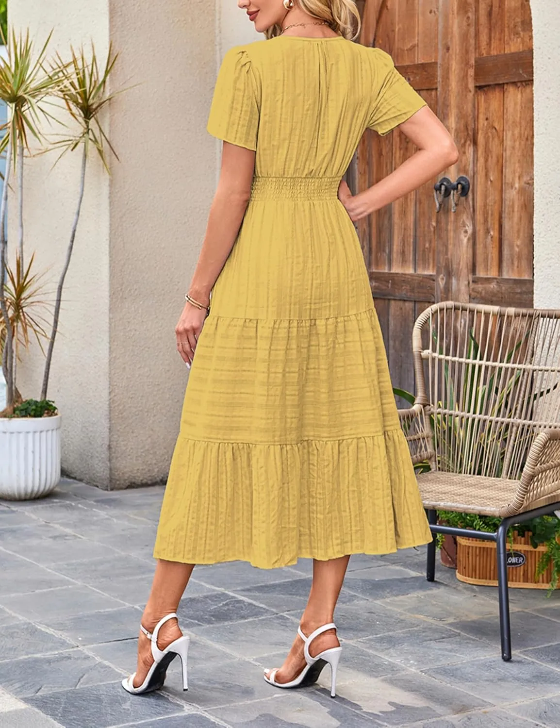 Womens Summer Midi Maxi Dresses Casual V Neck Short Sleeve Flowy A Line Boho Beach Dress with Pockets