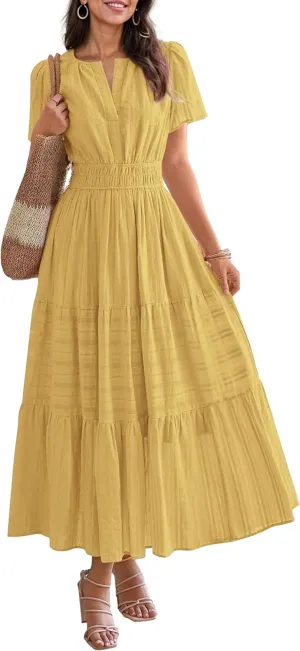 Womens Summer Midi Maxi Dresses Casual V Neck Short Sleeve Flowy A Line Boho Beach Dress with Pockets