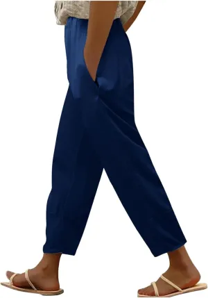 Women's Summer Pants Linen Casual High Waist Workout Wide Leg Straight Leg Baggy Trendy Yoga Lounge Trousers Pockets