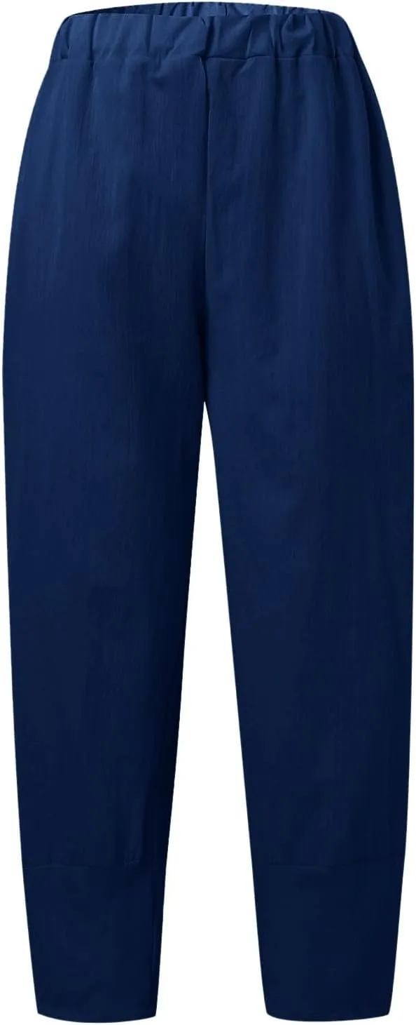 Women's Summer Pants Linen Casual High Waist Workout Wide Leg Straight Leg Baggy Trendy Yoga Lounge Trousers Pockets