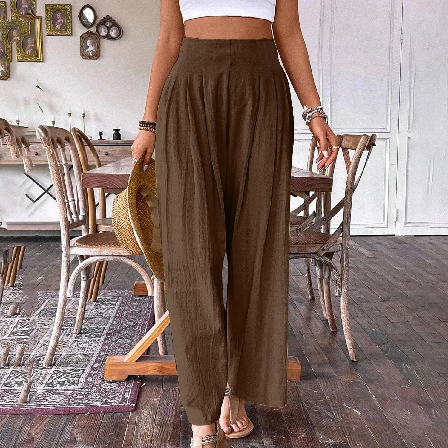 Women's Summer Wide Leg Palazzo Pants Fashion High Waistd Loose Elastic Waist Slacks Casual Going Out Flowy Trousers