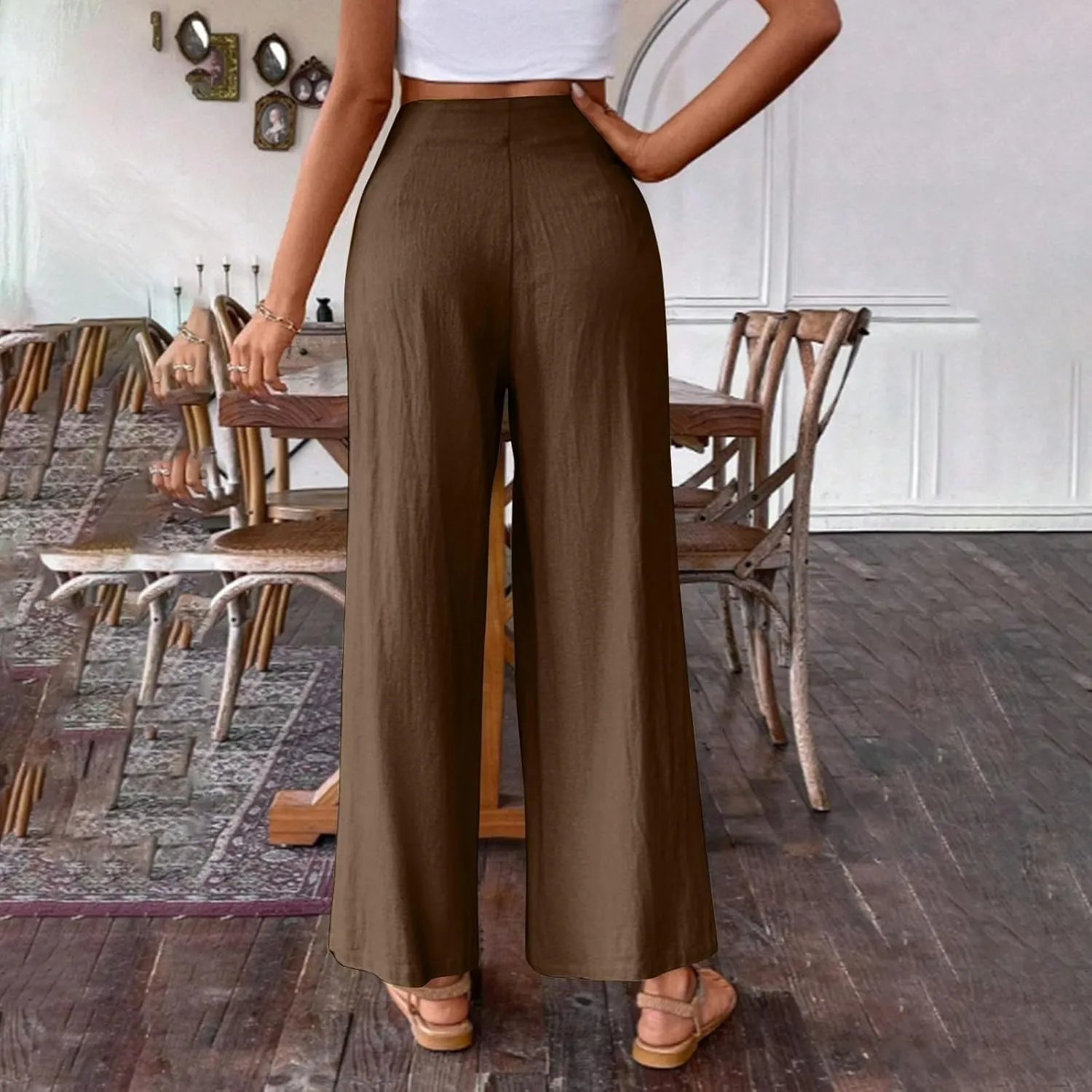 Women's Summer Wide Leg Palazzo Pants Fashion High Waistd Loose Elastic Waist Slacks Casual Going Out Flowy Trousers