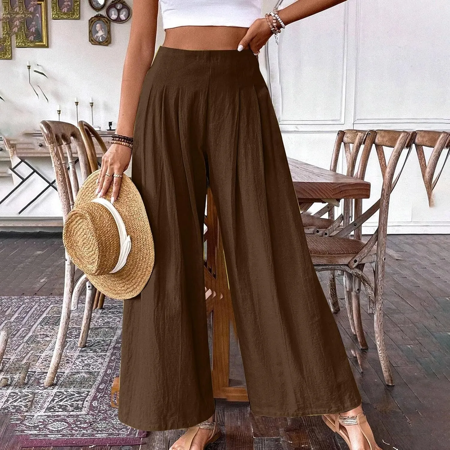 Women's Summer Wide Leg Palazzo Pants Fashion High Waistd Loose Elastic Waist Slacks Casual Going Out Flowy Trousers
