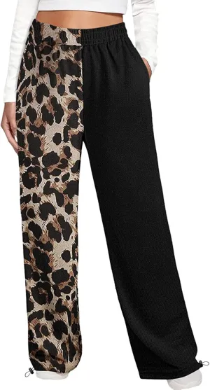 Women's Sweatpants Casual Loose Patchwork Lounge Trousers with Pockets High Waist Drawstring Cinch Bottom Jogger Pants