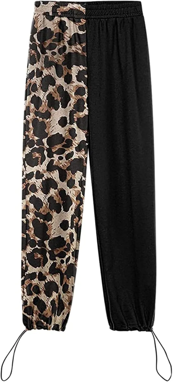 Women's Sweatpants Casual Loose Patchwork Lounge Trousers with Pockets High Waist Drawstring Cinch Bottom Jogger Pants