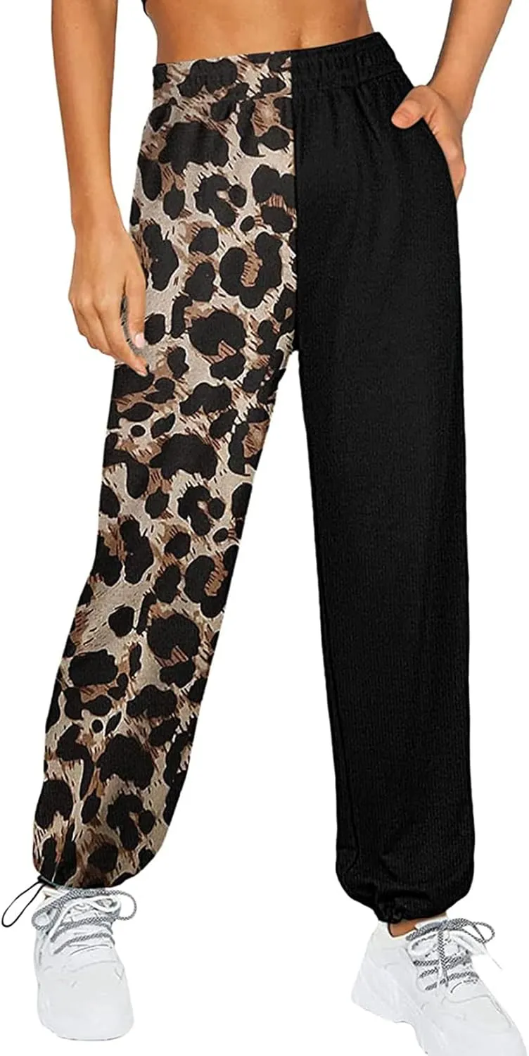 Women's Sweatpants Casual Loose Patchwork Lounge Trousers with Pockets High Waist Drawstring Cinch Bottom Jogger Pants